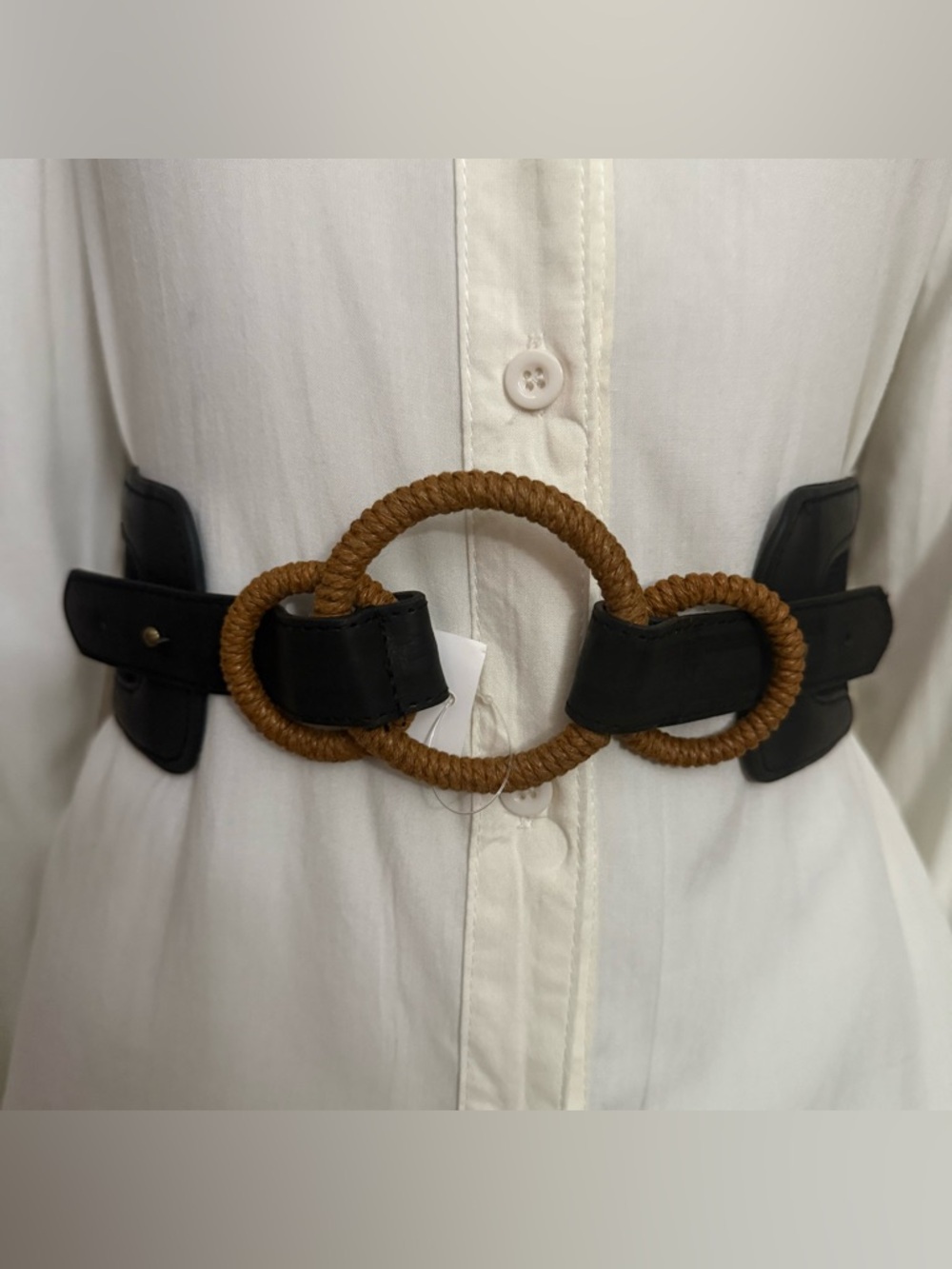 Black PU leather elastic waistband belt with triple round buckle
